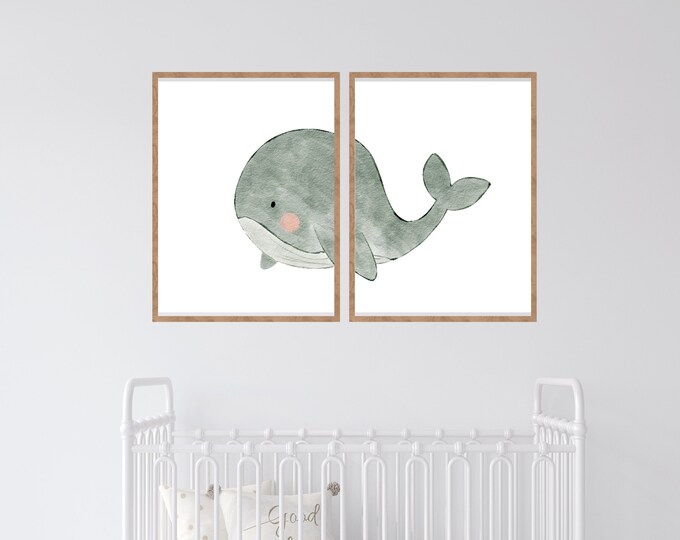 whale, nautical, ocean, coastal nursery bedroom decor, boy nursery wall art, 11x14, set of 2 digital prints included, no frames.
