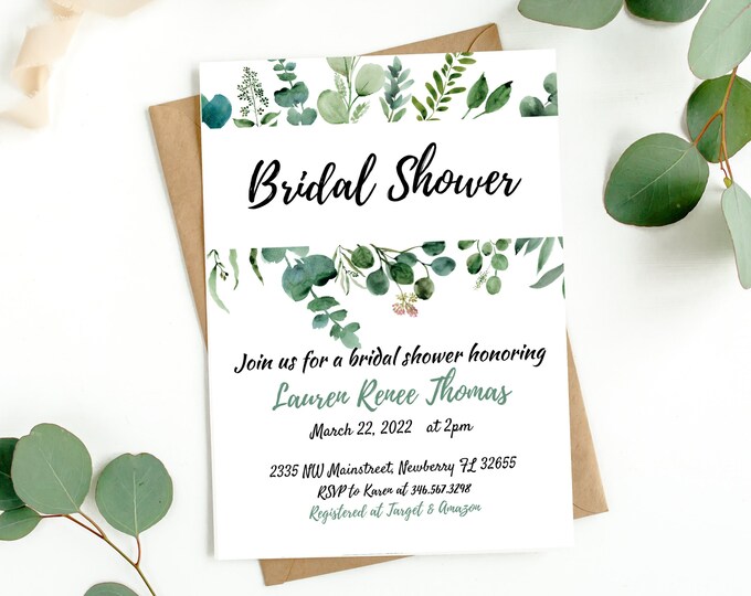 Bridal shower invitation, Eucalyptus, Bridal Shower, greenery, floral, printable, editable, instant download template, e-card, Bridal