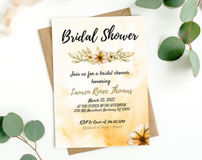 Bridal shower invitation, peach tone, orange floral, Bridal Shower, greenery, printable, editable, instant download template, e-card, Bridal