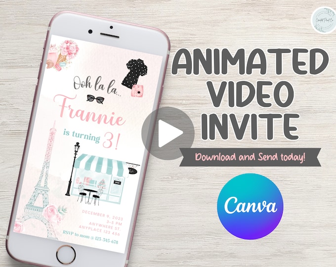 Paris Eiffel Tower cafe theme girl birthday party video invitation, e-vite, sea shells, age is editable