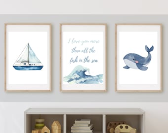 I love you more than all the fish in the sea, whale, beach baby wall art, nursery sign, coastal, nautical, nursery decor,  11x14 print,