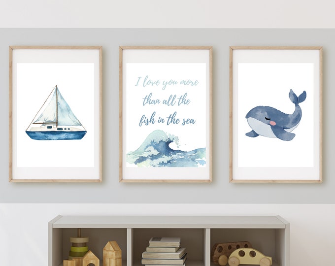 I love you more than all the fish in the sea, whale, beach baby wall art, nursery sign, coastal, nautical, nursery decor,  11x14 print,