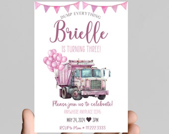 Pink Garbage Truck Birthday Invitation, Girl Party (Printable)