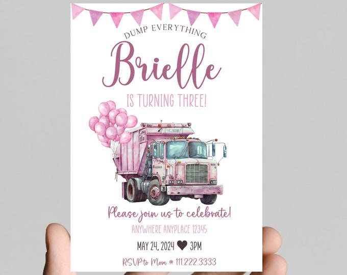 Dump everything! Pink Garbage truck theme girl birthday Invitation, rubbage truck, recycle truck, girl birthday Editable, printable