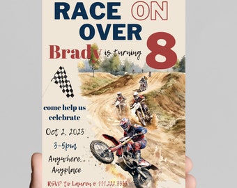 Race on over, dirt bike theme, motocross race, BMX, any age birthday boy invitation, bike, dirt track racer, editable, printable, digital