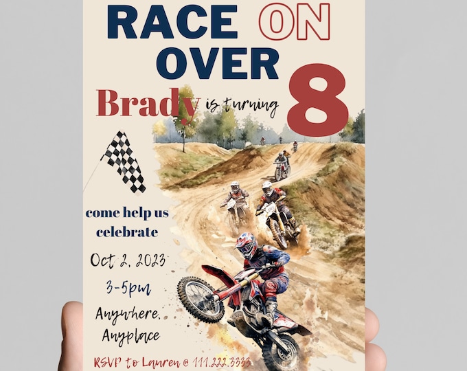 Race on over, dirt bike theme, motocross race, BMX, any age birthday boy invitation, bike, dirt track racer, editable, printable, digital