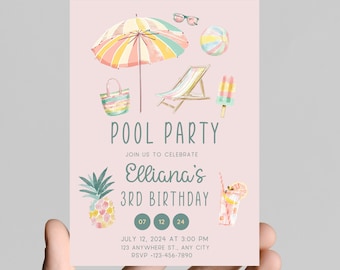 Pool Party Birthday Invitation, Tropical Pink Theme (Digital or Printable)