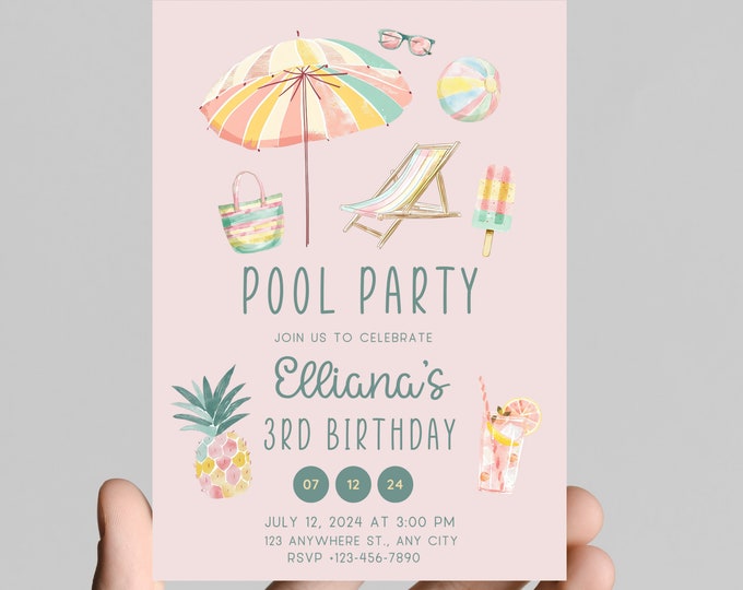 Pool party summer theme girl birthday invitation, let’s be cool by the pool, pink, tropical, age is editable, digital or printable