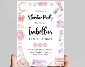 May include: A pink and purple slumber party invitation with a watercolor illustration of pajamas, slippers, a sleep mask, popcorn, a tent, and pillows. The text reads "Join us for a Slumber Party to celebrate Isabella's 8th Birthday. 9 December, 2024 at 3:00 PM, 123 Anywhere St., Any City, RSVP -123-456-7890."