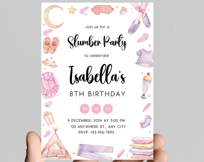 Pajama party sleepover theme girl birthday invitation, slumber party, girls just wanna have fun, age is editable, digital or printable