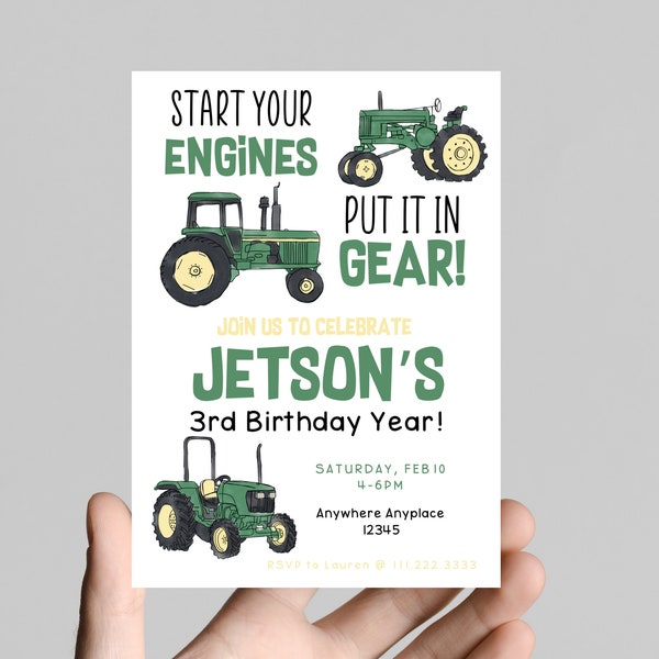 Tractor themed birthday invitation , Start your engines, put it in gear!, john deere tractors, green tractors, birthday boy invitation.