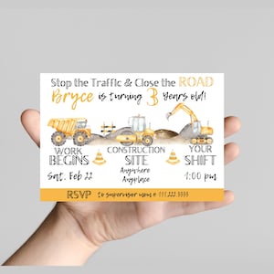construction truck boy Birthday Invitation, stop the traffic close the road, boy birthday, dump truck, excavator, bulldozer, edit to any age