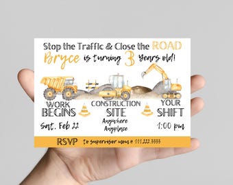 construction truck boy Birthday Invitation, stop the traffic close the road, boy birthday, dump truck, excavator, bulldozer, edit to any age