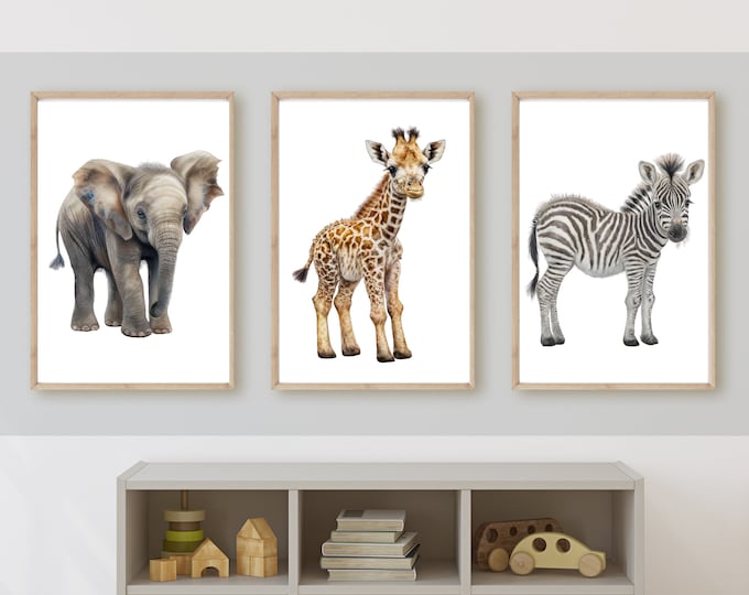 baby safari zoo animal nursery wall art decor, zebra, giraffe, elephant, gender neutral, nursery room, 11x14, set of 3 digital prints
