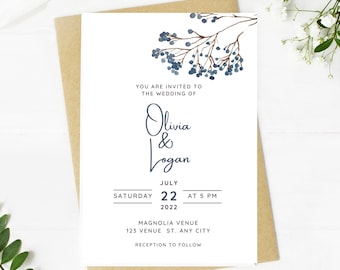 Beautiful Wedding invitation, dusty blue floral, Wedding, blue floral, navy, printable, editable, instant download template, e-card, Bridal