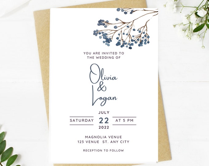 Beautiful Wedding invitation, dusty blue floral, Wedding, blue floral, navy, printable, editable, instant download template, e-card, Bridal