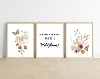 Wildflower Nursery Wall Art Prints, Boho Baby Girl Decor (Digital Download)