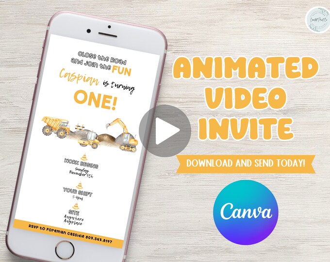 Loads of fun turning ONE construction Birthday video Invitation, celebrate the birthday boy, dump truck, excavator, bulldozer, dirt