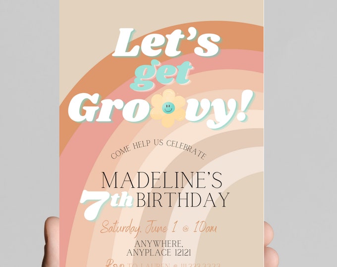 Let’s get groovy, retro, 70’s, throwback, daisy, boho, rainbow, groovy hippie girl birthday invitation themed, edit any age, printable
