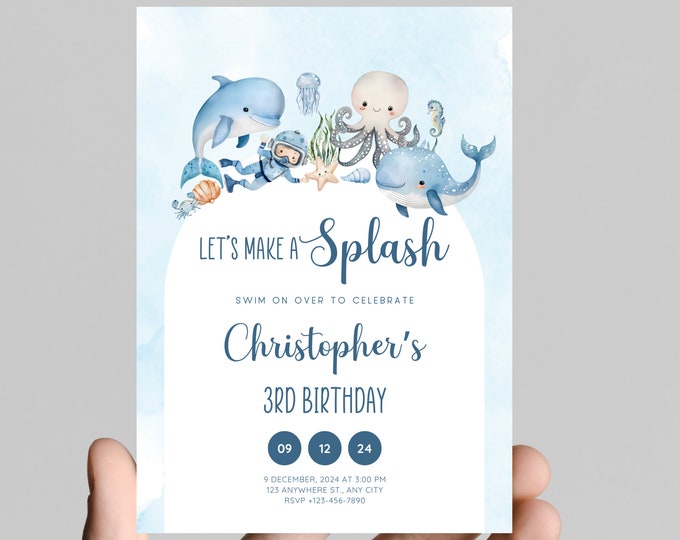 Under the sea theme boy birthday party invitation, blue ocean animals, splish splash, edit to any age, deep sea, ocean