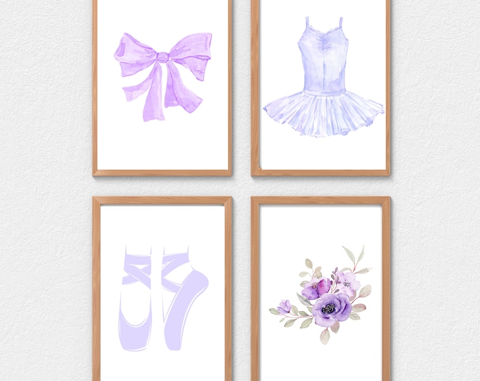 ballet nursery wall art decor, lavender ballet shoes and tutu, ballet dress, pale purple bow,  11x14, set of 4 prints included, no frames
