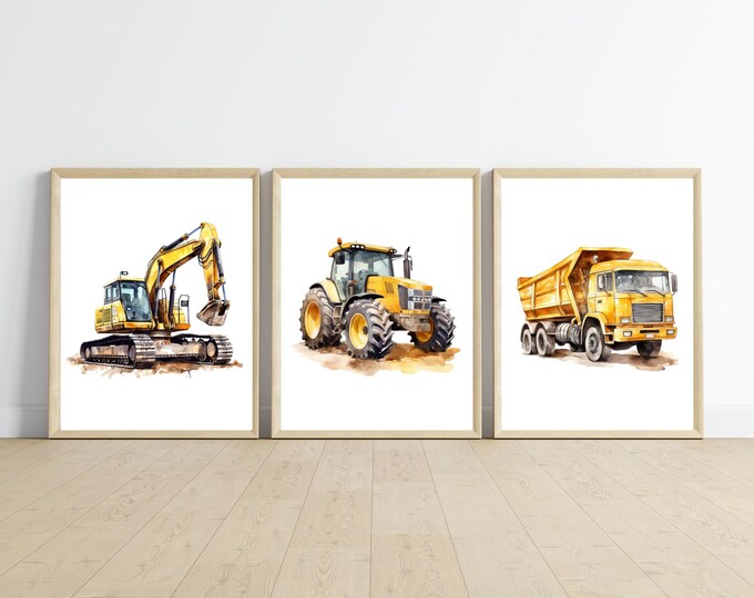 Construction trucks boy bedroom wall decor, construction truck wall art, dump truck, excavator, bulldozer, digital download, customizable