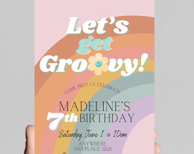 Let’s get groovy, rainbow, retro, 70’s, throwback, daisy, boho, groovy hippie girl birthday invitation themed, edit any age, printable