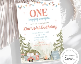 Happy Camper 1st Birthday Invitation, Camping Adventure (Digital)