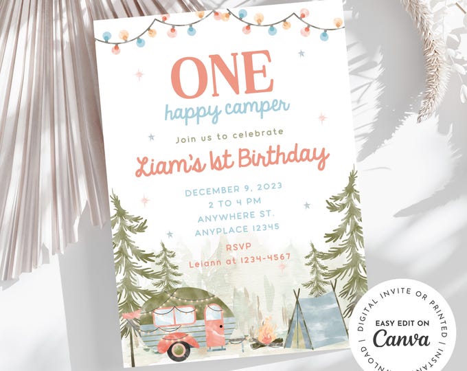 ONE happy camper theme 1st birthday party invitation, camping, camping bday baby, camper, adventure, boy first birthday, printable, digital