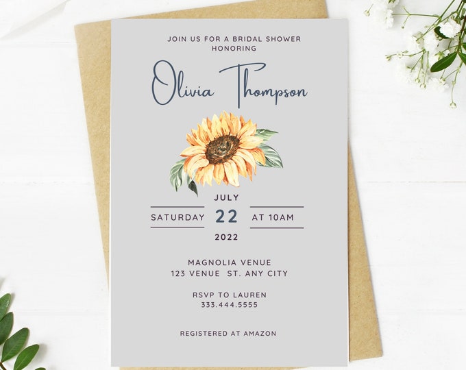 Beautiful sunflower bridal shower invitation, sunflower floral, Wedding, simple, minimalist, printable, editable, instant download template