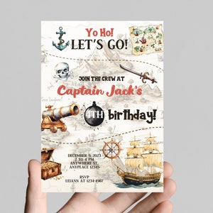 Invitation d'anniversaire sur le thème des pirates Yo Ho Ahoy, pirates, coffre au trésor, bateau pirate, carte au Trésor, personnaliser à tout âge, numérique, imprimable