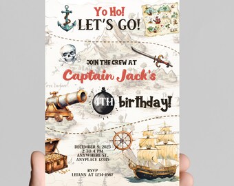Pirate Birthday Invitation, Treasure Map, Ship Theme (Digital, Printable)