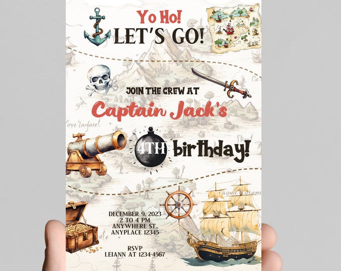 Yo Ho Ahoy pirate theme birthday invitation, pirates, treasure chest, pirate ship, treasure map, customize to any age, digital, printable