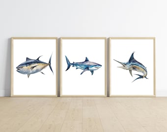 deep sea ocean animals nursery bedroom decor, wall decor, 11x14, set of 3 prints included, customizable, frame not included