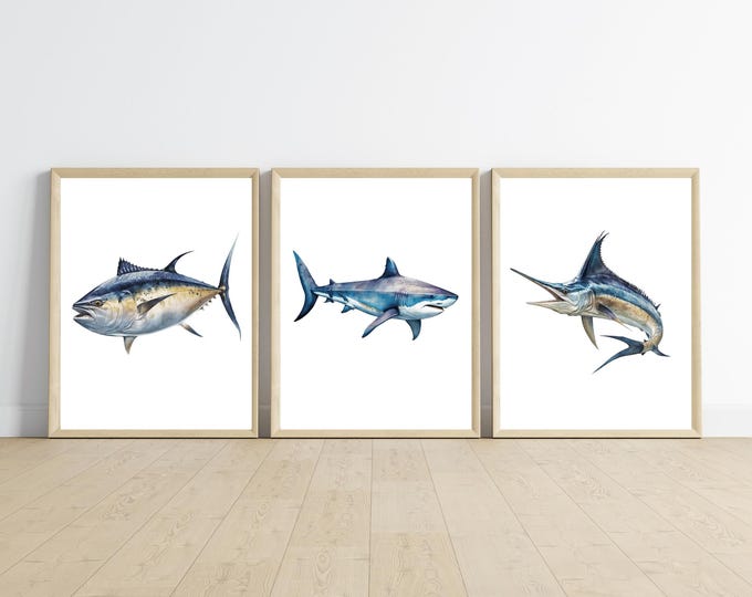 deep sea ocean animals nursery bedroom decor, wall decor, 11x14, set of 3 prints included, customizable, frame not included