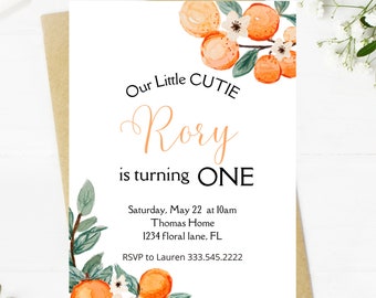 Our little cutie is turning one birthday invitation, little orange, clementine, tangerine, cutie themed birthday party, first birthday party