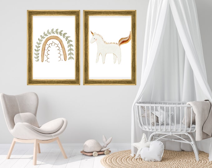 whimsical unicorn and rainbow nursery, 11x14, set of 2 digital prints included, no frames.