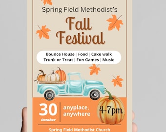 Fall festival flyer or invitation, autumn fall harvest, pumpkins, fall leaves, vintage truck, church festival, editable, printable, digital
