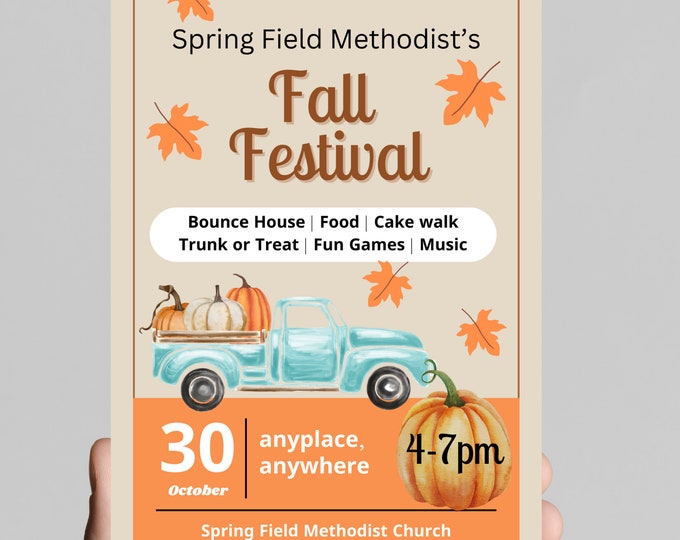 Fall festival flyer or invitation, autumn fall harvest, pumpkins, fall leaves, vintage truck, church festival, editable, printable, digital