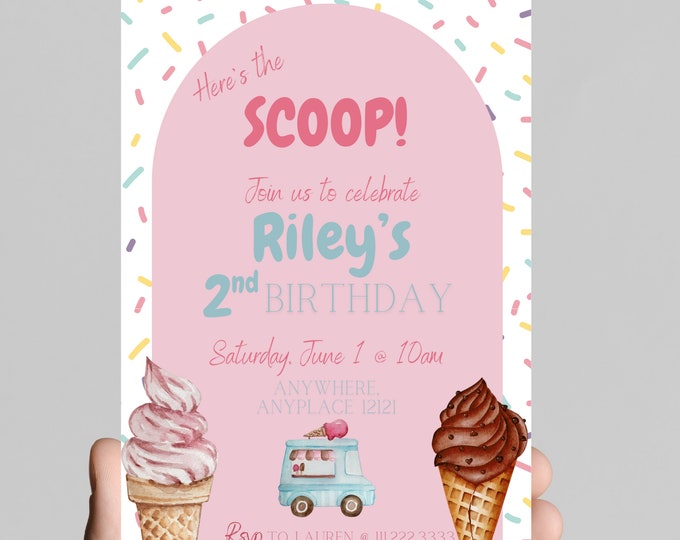 Here’s the scoop! She’s TWO sweet! 2nd birthday ice cream cone and sweets themed birthday party invitation for little girl, sprinkles