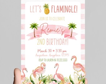 Flamingo Let’s FLAMINGLE theme girl birthday invitation, pink and gold glitter, tropical, pineapple, come celebrate the birthday girl,