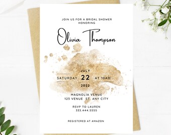 Beautiful gold foil bridal shower invitation, Wedding, simple, minimalist, printable, editable, instant download template