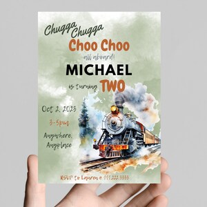 Chugga Chugga choo choo Train theme birthday invitation, birthday party, railroad, railway, all aboard, train tracks, birthday boy train