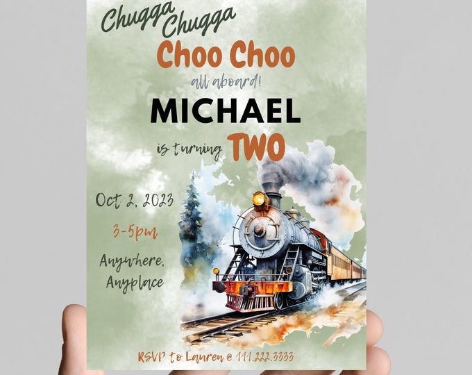 Chugga Chugga choo choo Train theme birthday invitation, birthday party, railroad, railway, all aboard, train tracks, birthday boy train