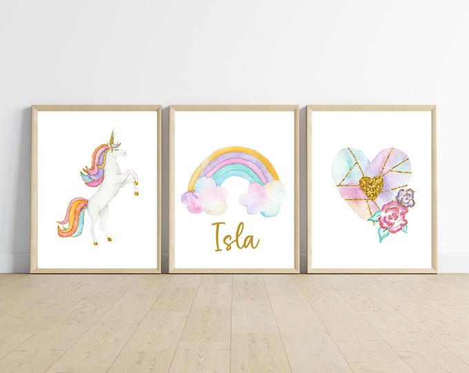 Rainbow unicorn girl’s nursery or bedroom wall art, rainbow and gold, unicorn, 11x14, set of 3 digital downloads included, no frames.