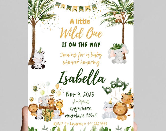 A little wild one is on the way, baby shower invitation, baby boy, safari animals, zoo animals, party animals, digital, printable