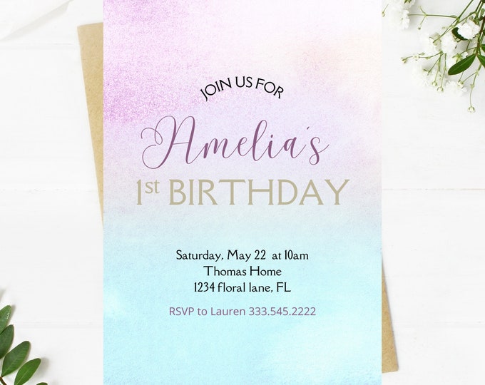 first birthday girl invitation, watercolor, minimalist, beautiful, first birthday party invitation, wildflower field
