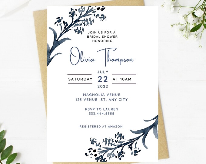 Beautiful navy blue bridal shower invitation, Wedding, simple, minimalist, printable, editable, instant download template