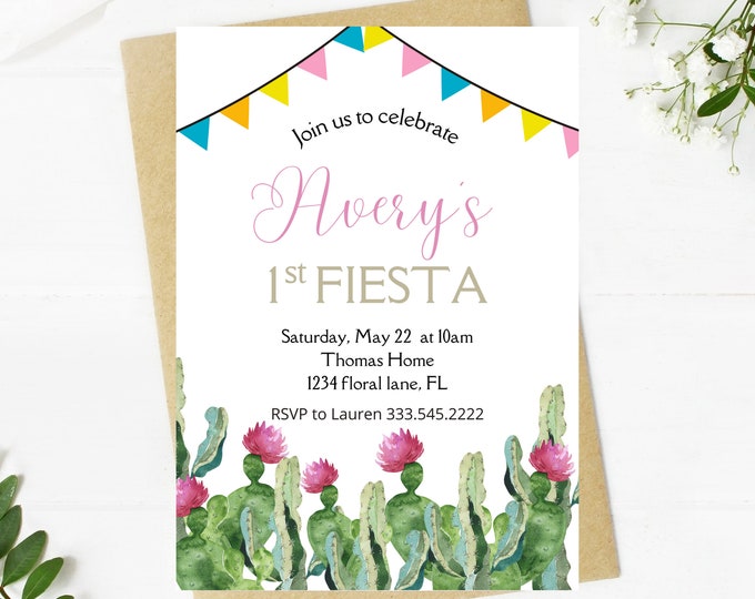first fiesta birthday party invitation, fiesta, cactus, cactus flower, first birthday party invitation, muticolor