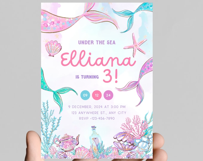 Mermaid and seashells theme girl birthday party invitation, sea shells, little mermaid tails, treasure, starfish, watercolor,age is editable